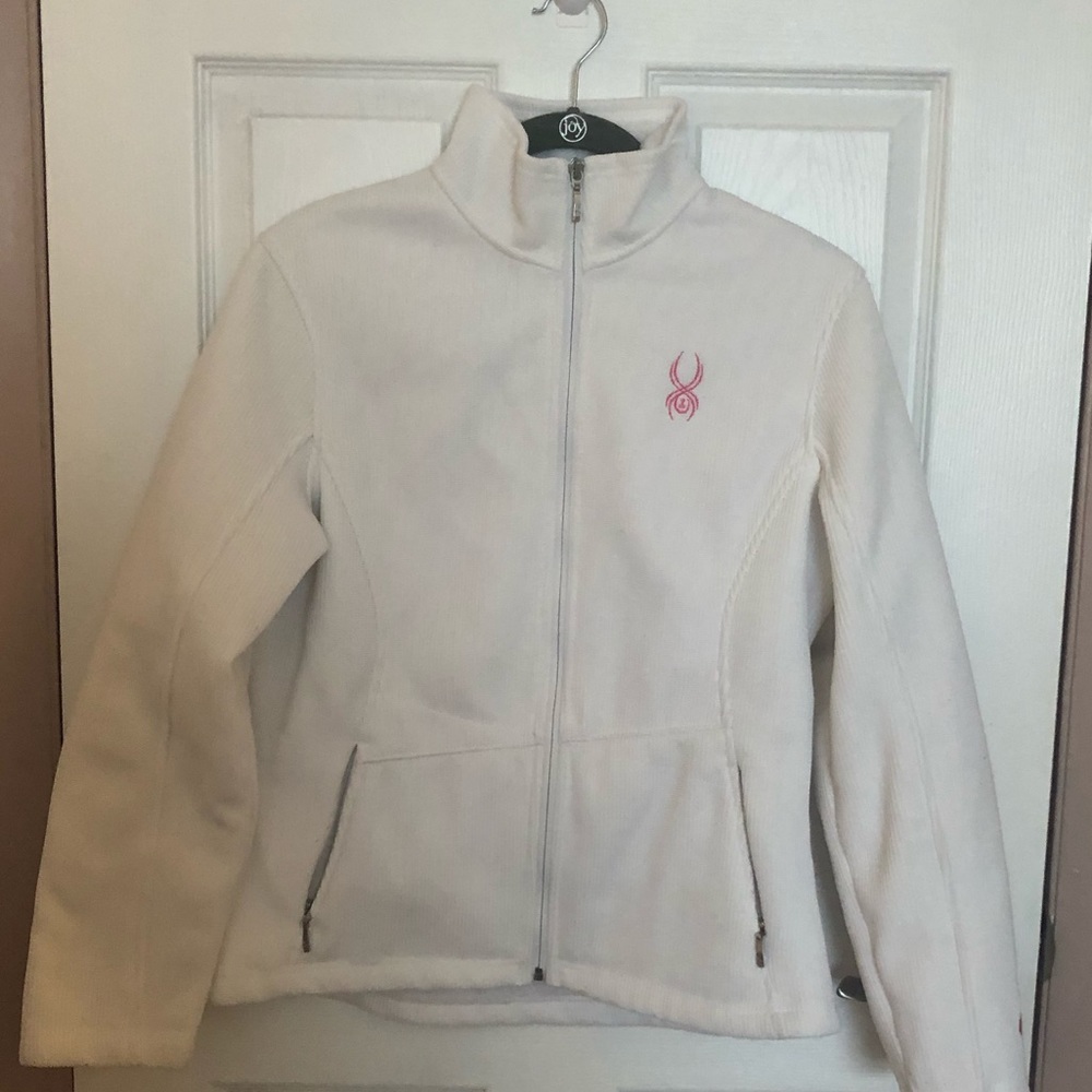 Spyder white waffle ski jacket with pink logo
